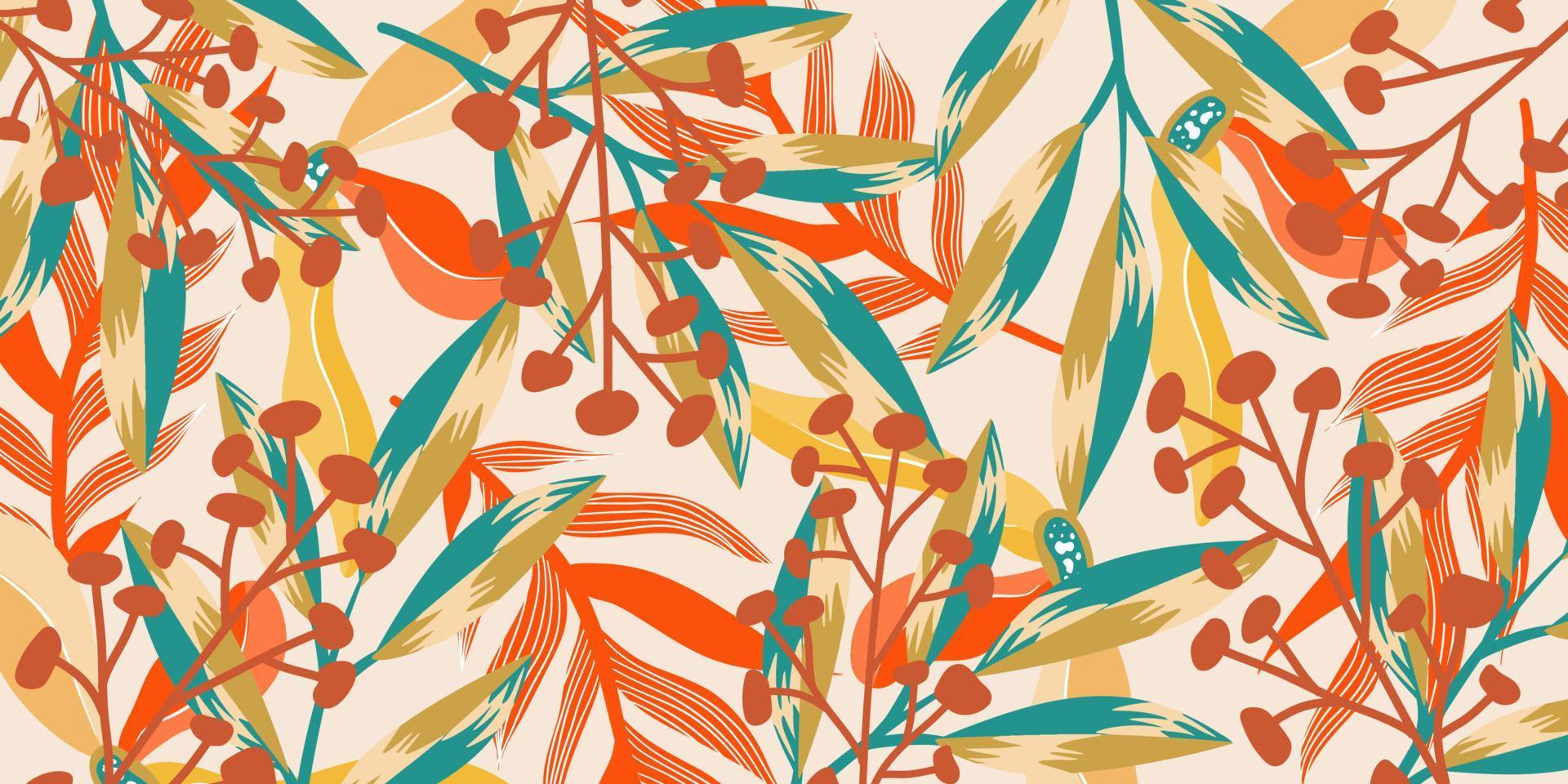 abstracte esthetische achtergrond boho jungle met tropische bladeren. boho jungle in moderne stijl. etnische blad bloemen achtergrondart. eigentijds handgetekend plat ontwerp. abstracte tropische kunst vector