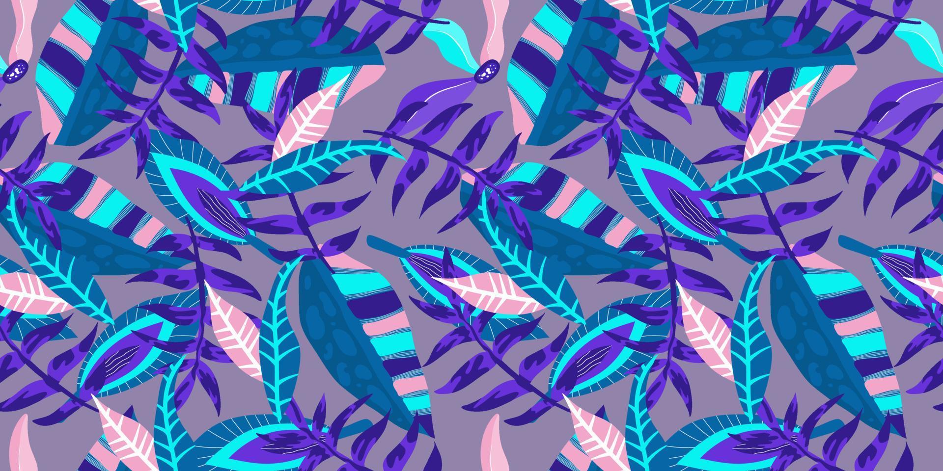 neon tropic bloemen naadloos patroon op paarse achtergrond. bloemenneon voor een helder zomerontwerp. tropische jungle in abstracte stijl op blauwe achtergrond. vector