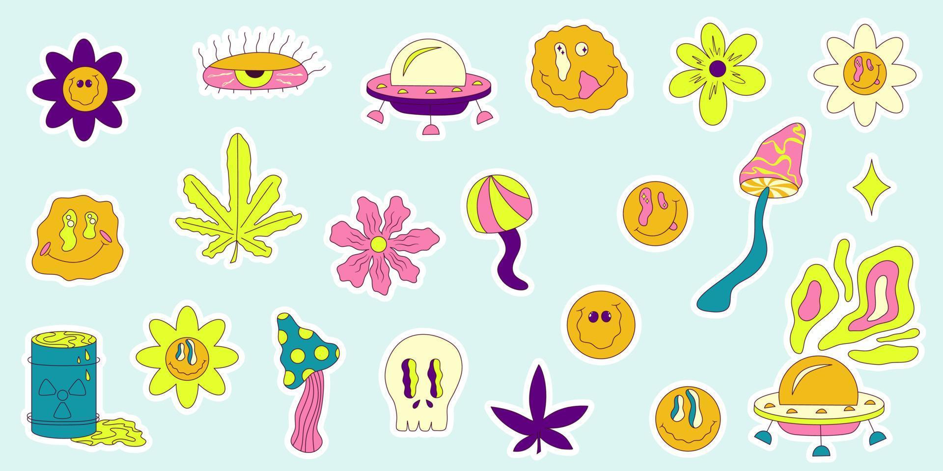 trippy smile sticker set in popart y2k stijl op kleurrijke achtergrond. gele emoji. cartoon vectorillustratie. hipster trippy smile, bloem, ufo en cannabis sticker vector