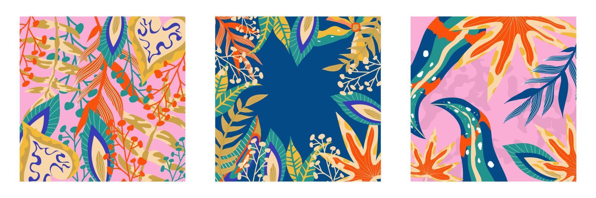 trendy esthetische boho jungle set flyer. abstracte trendy exotische bloemen jungle achtergrond. ontwerp sjabloon. abstracte aard achtergrond. tropische gebladerte kunst omslag vector