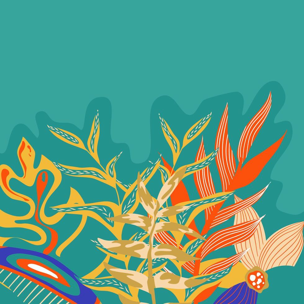 abstracte esthetische achtergrond boho jungle met tropische bladeren. boho jungle in moderne stijl. etnische blad bloemen achtergrondart. eigentijds handgetekend plat ontwerp. abstracte tropische kunst vector