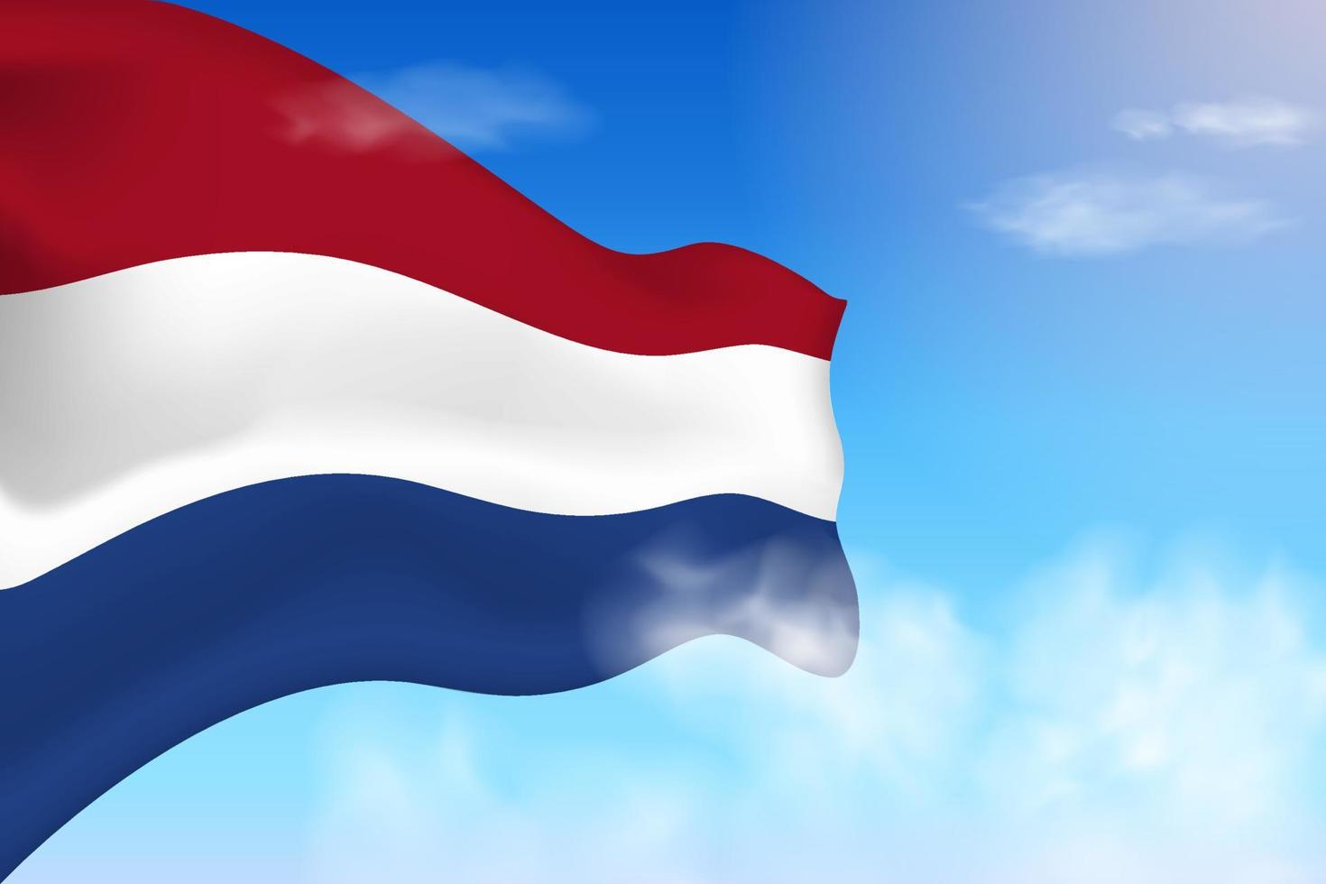 nederlandse vlag in de wolken. vector vlag zwaaien in de lucht. nationale dag realistische vlag illustratie. blauwe hemelvector.