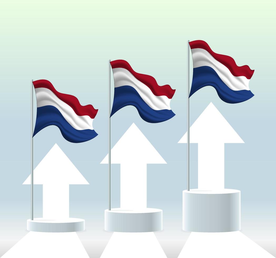 nederlandse vlag. het land zit in een stijgende lijn. wapperende vlaggenmast in moderne pastelkleuren. vlagtekening, arcering voor eenvoudige bewerking. sjabloonontwerp voor spandoek. vector