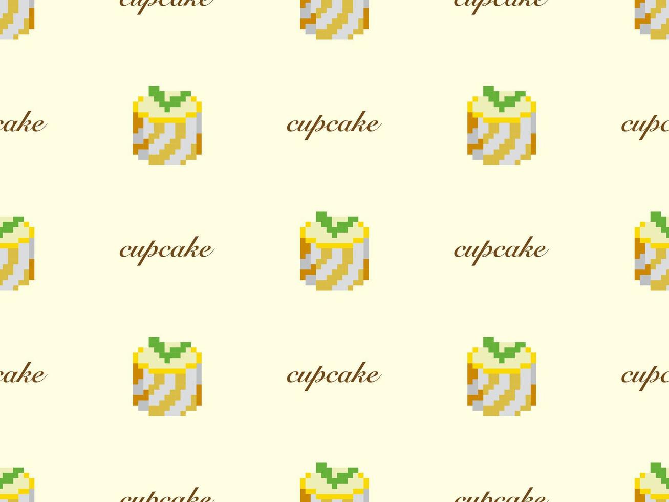 cup cake cartoon karakter naadloze patroon op gele achtergrond. pixelstijl vector