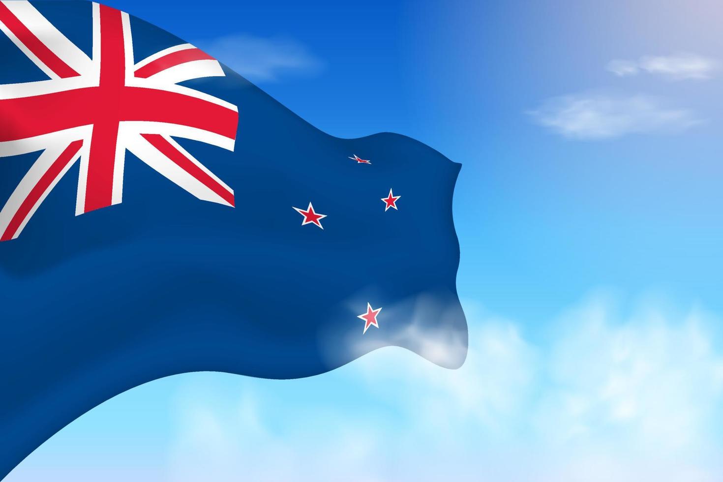 Nieuw-Zeelandse vlag in de wolken. vector vlag zwaaien in de lucht. nationale dag realistische vlag illustratie. blauwe hemelvector.