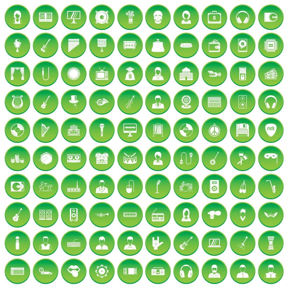 100 muziekpictogrammen instellen groene cirkel vector