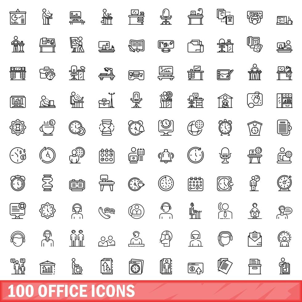 100 kantoor iconen set, Kaderstijl vector