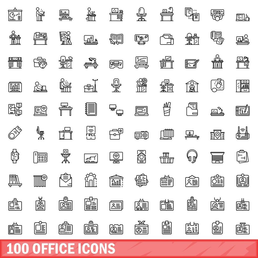 100 kantoor iconen set, Kaderstijl vector