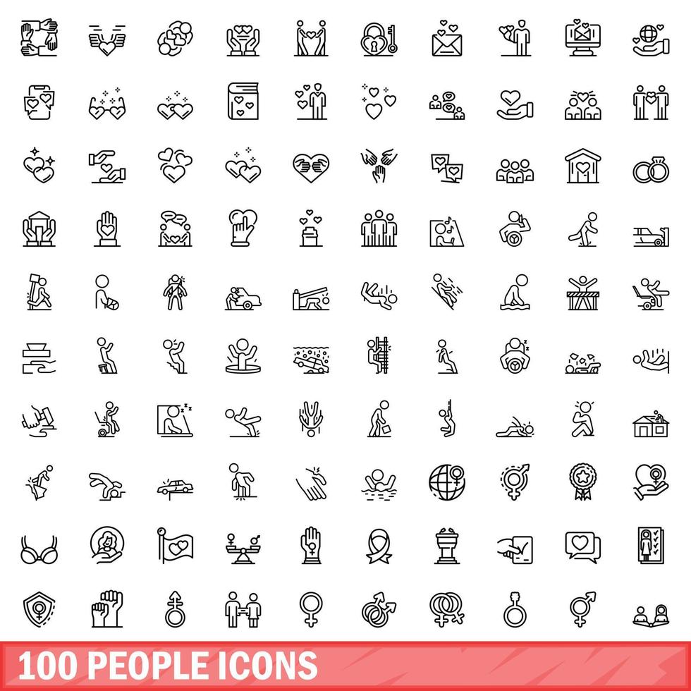 100 mensen iconen set, Kaderstijl vector