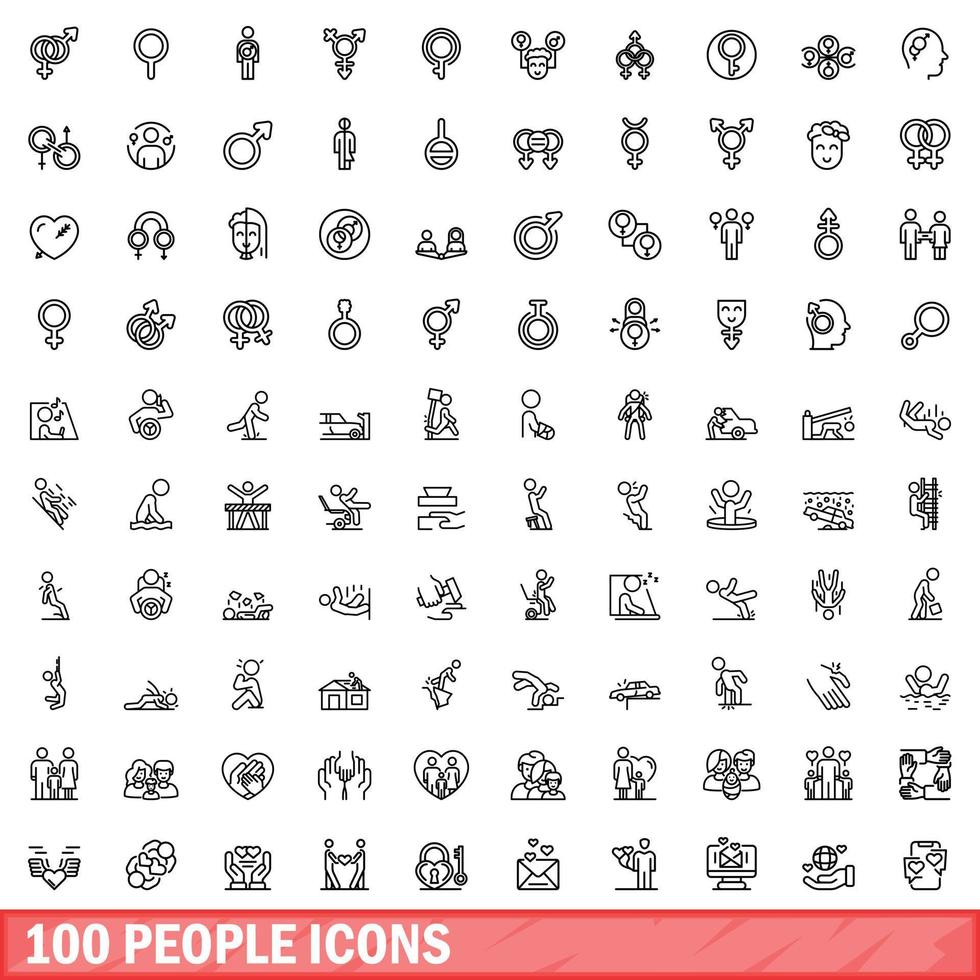 100 mensen iconen set, Kaderstijl vector