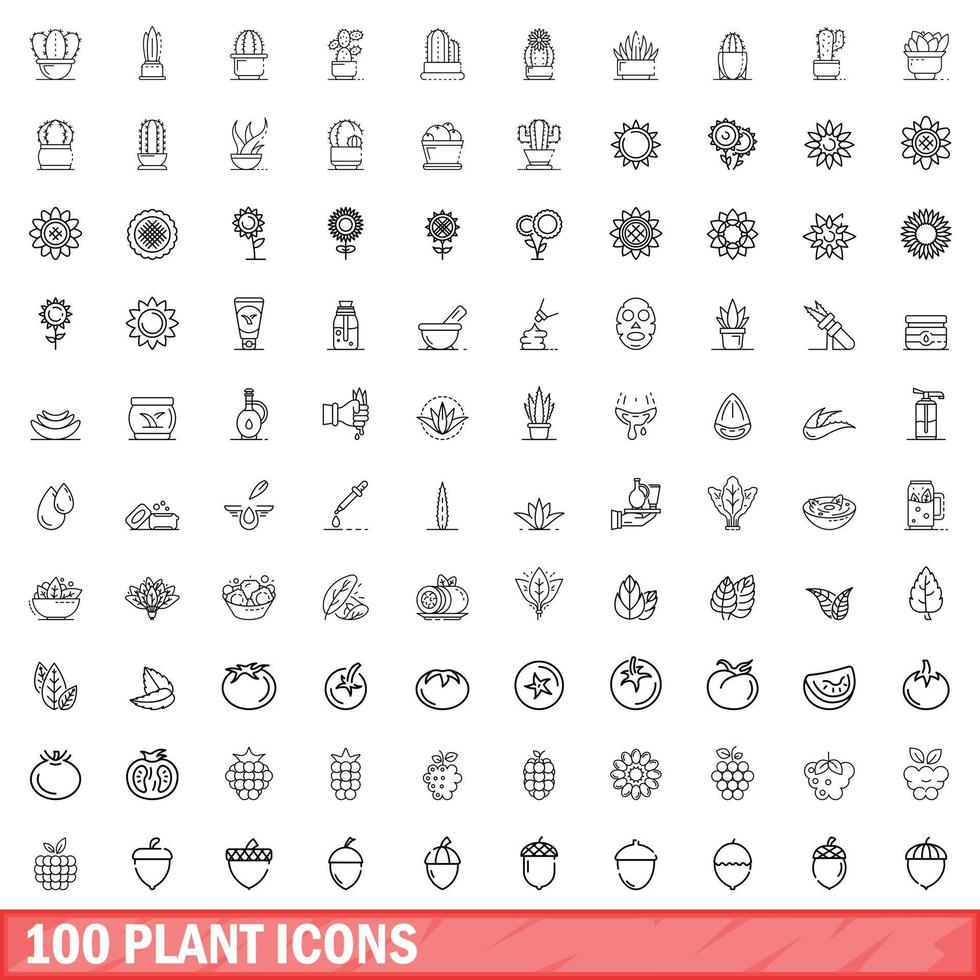 100 planten iconen set, Kaderstijl vector