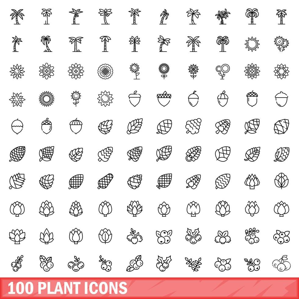 100 planten iconen set, Kaderstijl vector