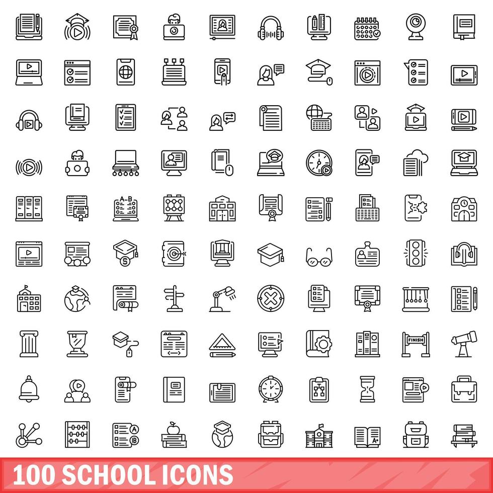 100 school iconen set, Kaderstijl vector