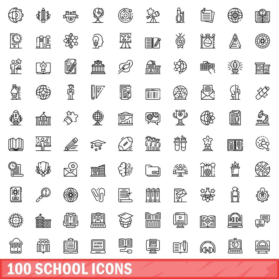 100 school iconen set, Kaderstijl vector