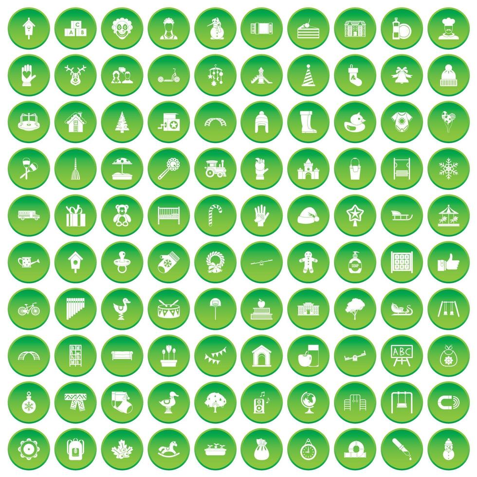 100 kleuterschoolpictogrammen instellen groene cirkel vector