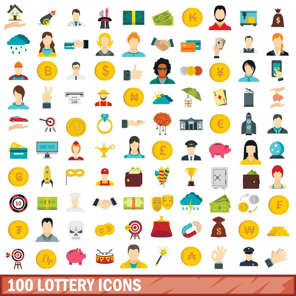 100 loterij iconen set, vlakke stijl vector