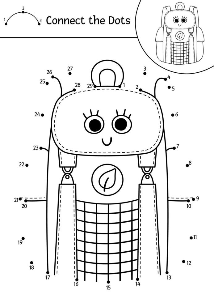 vector camping punt-naar-punt en kleur activiteit met schattige kawaii toeristische rugzak. zomerkamp verbind de stippen spel voor kinderen met striptas. grappige schattige road trip kleurplaat voor kinderen.