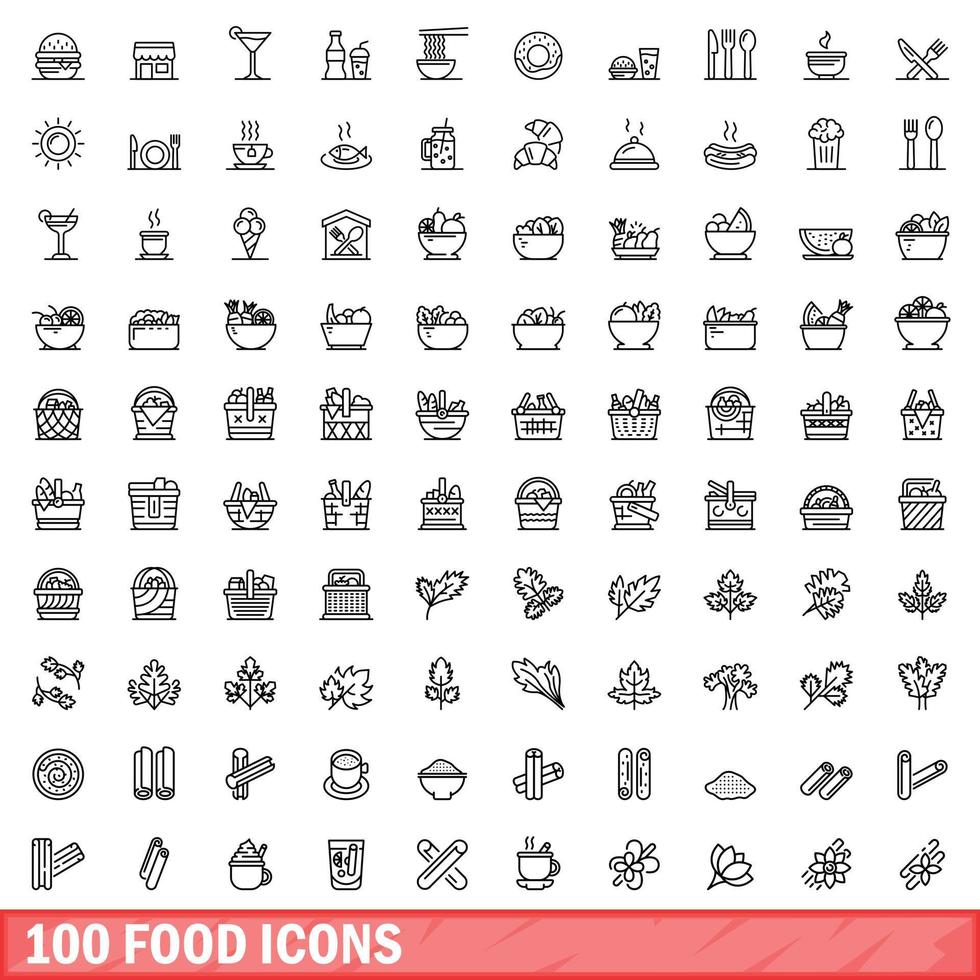 100 voedsel iconen set, Kaderstijl vector