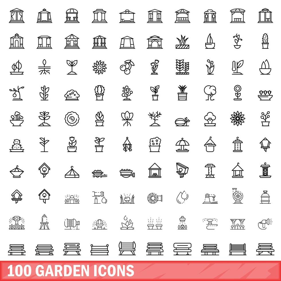 100 tuin iconen set, Kaderstijl vector