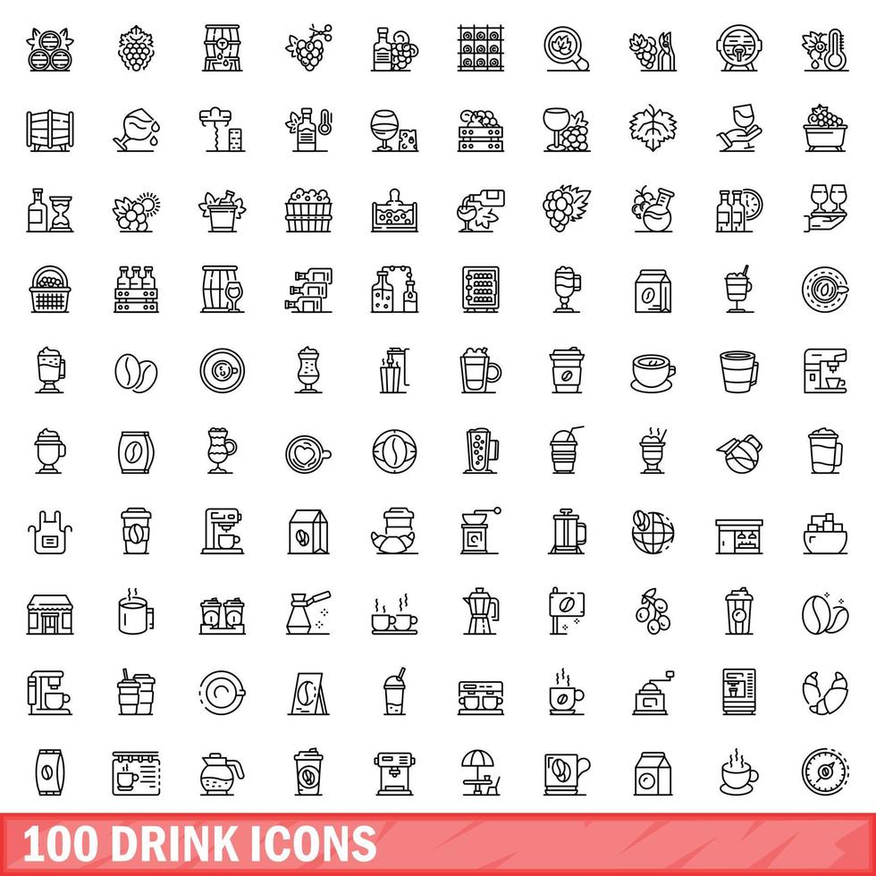 100 drank iconen set, Kaderstijl vector