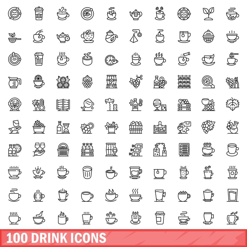 100 drank iconen set, Kaderstijl vector