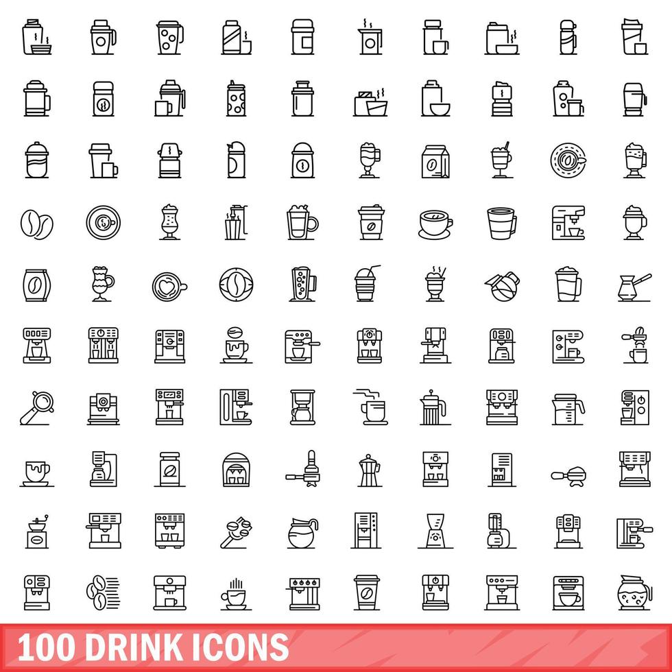 100 drank iconen set, Kaderstijl vector