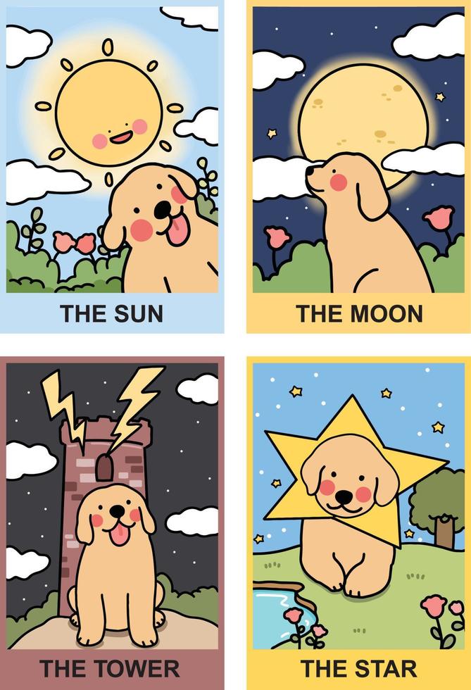 tarotkaart concept met labrador retriever hond illustratie vector set, zon, maan, toren, ster