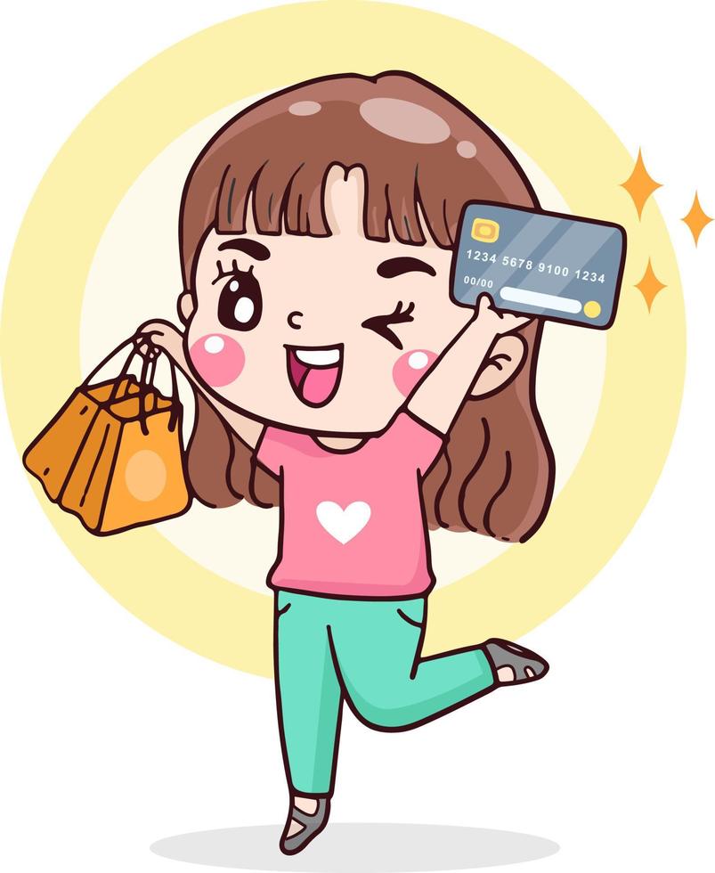 stripfiguur vrouw winkelen met creditcard en boodschappentas, financieel concept, vlakke afbeelding vector