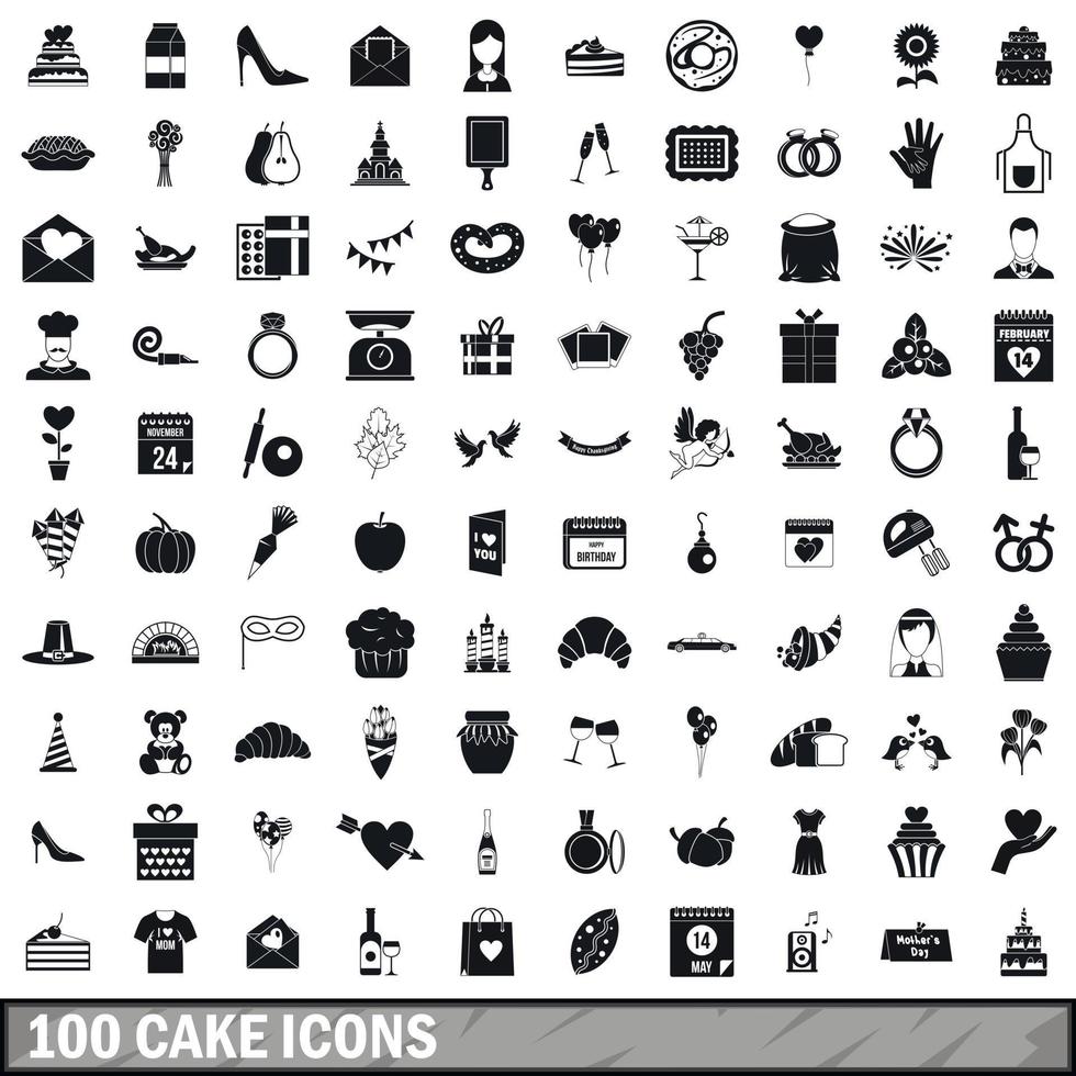 100 taart iconen set, eenvoudige stijl vector