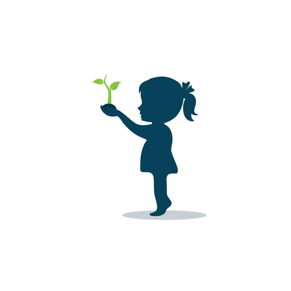 klein meisje en planten, groen logo voor plantenverzorging voor kinderen vector