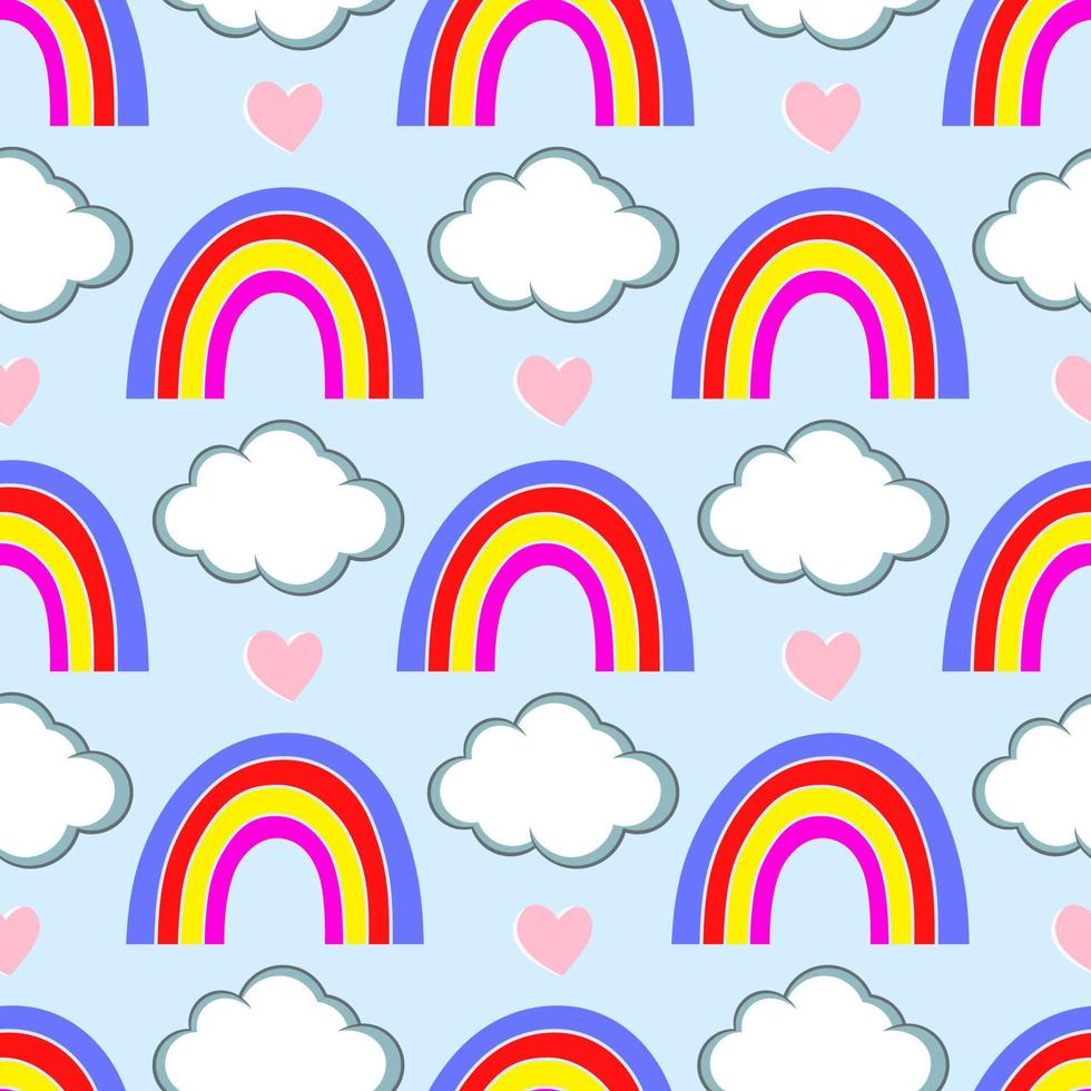 met de hand getekend naadloos patroon van kleurrijke zomerregenbogen en wolken vector