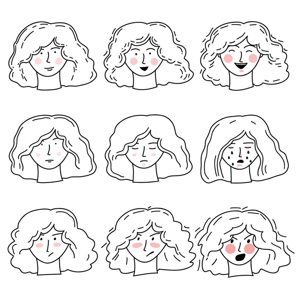 handgetekende doodle vector set met meisjesgezichten met verschillende emoties van geluk, verdriet en woede