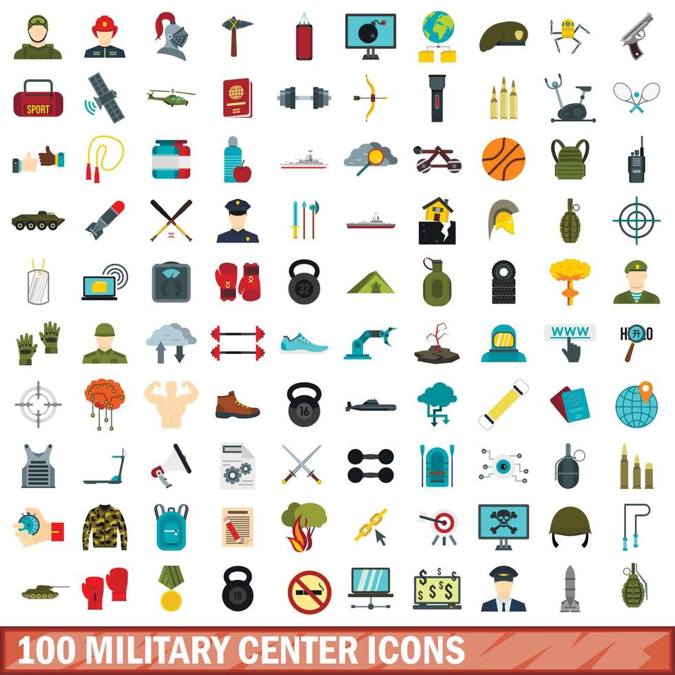100 militair centrum iconen set, vlakke stijl vector