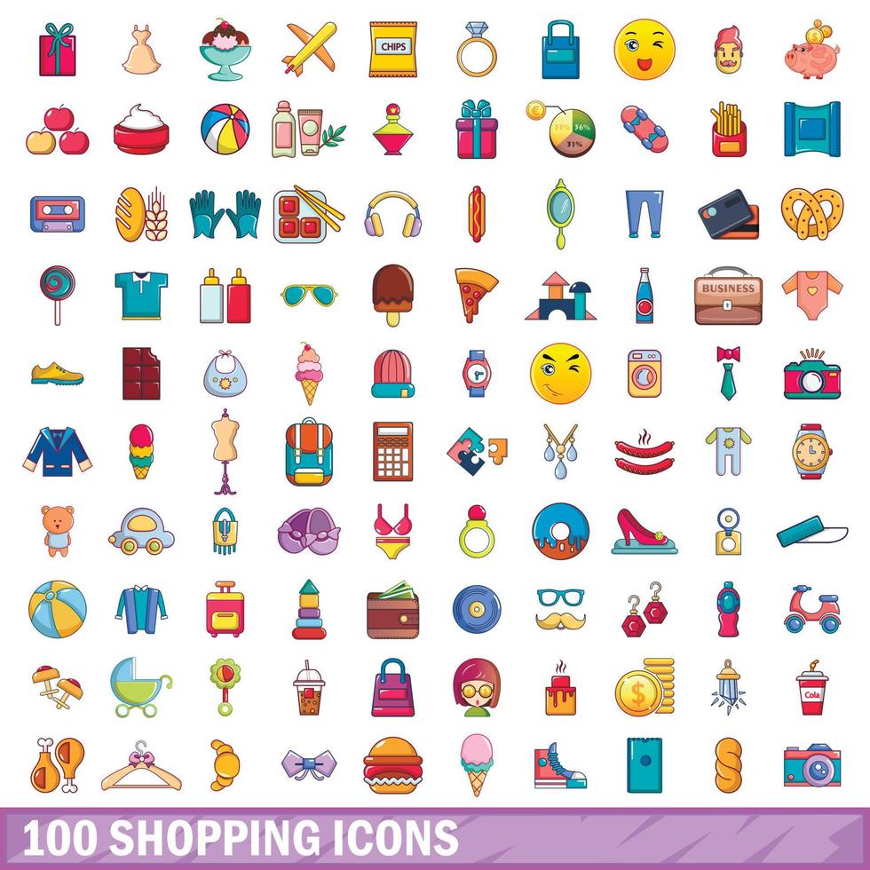 100 winkelen iconen set, cartoon stijl vector