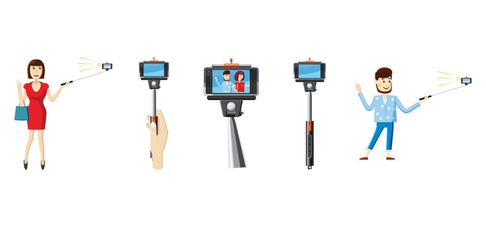 selfie stick icon set, cartoon stijl vector