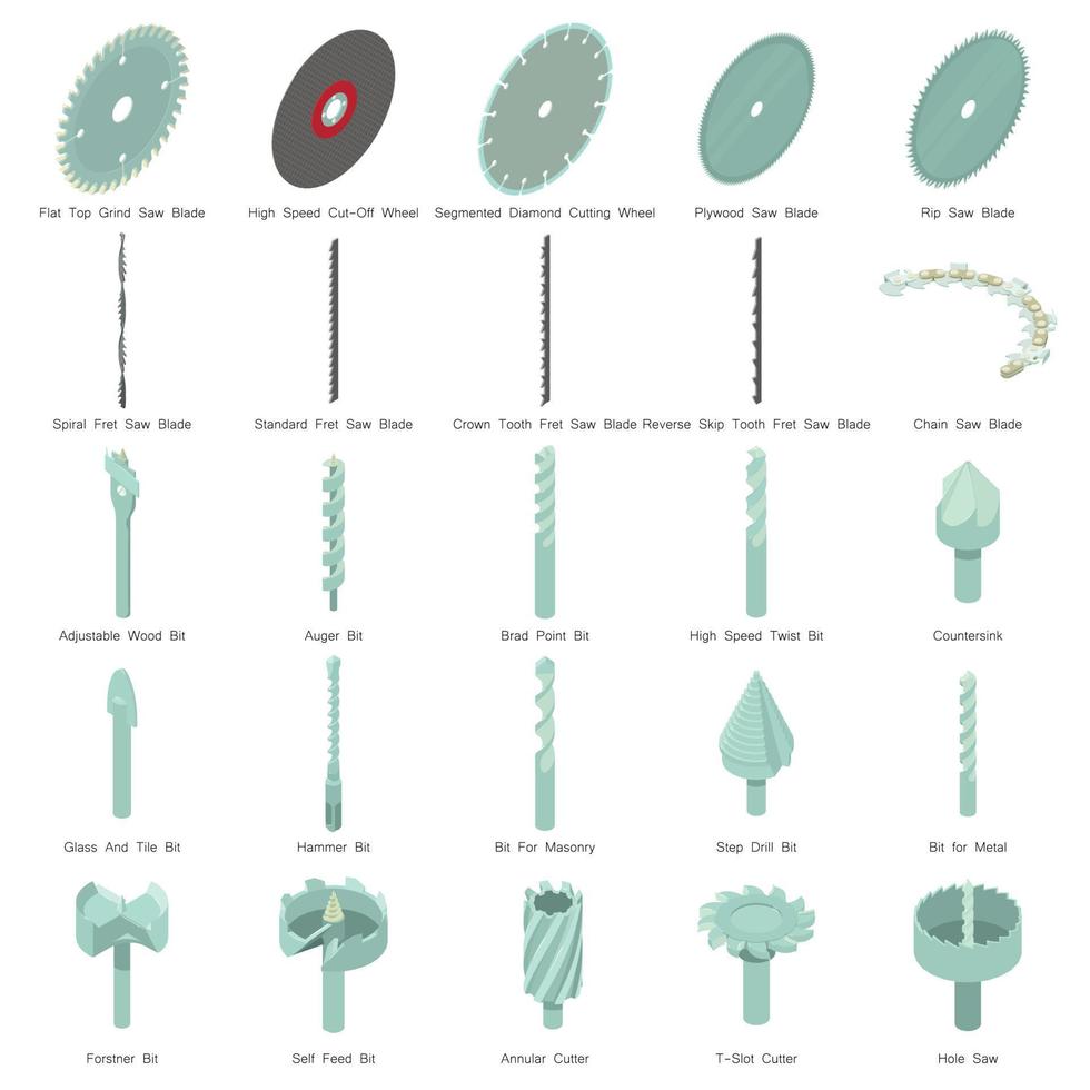 boor mondstuk iconen set, isometrische stijl vector