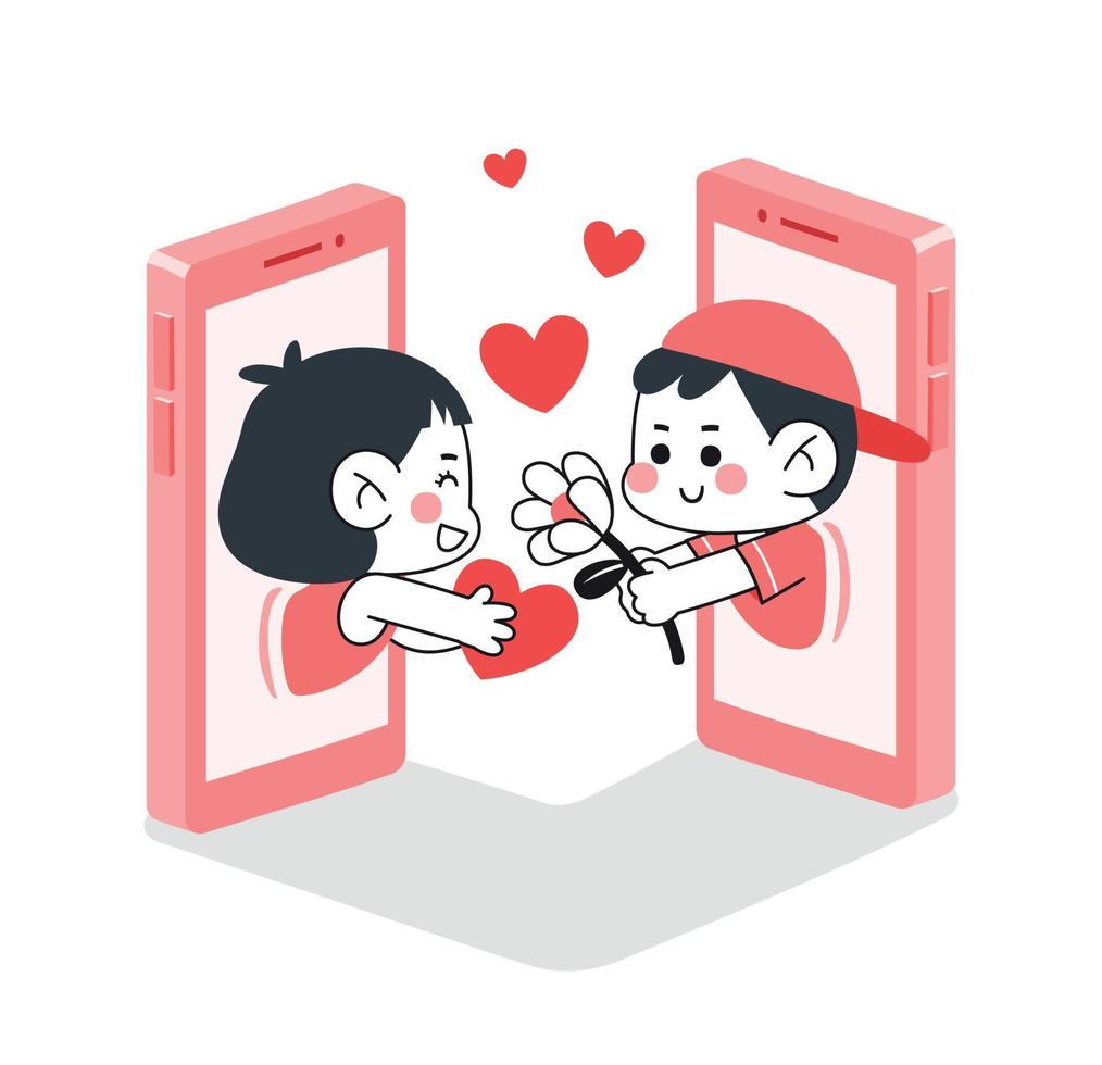 jongen en meisje geven elkaar bloem en hart door online dating op mobiele telefoon vector