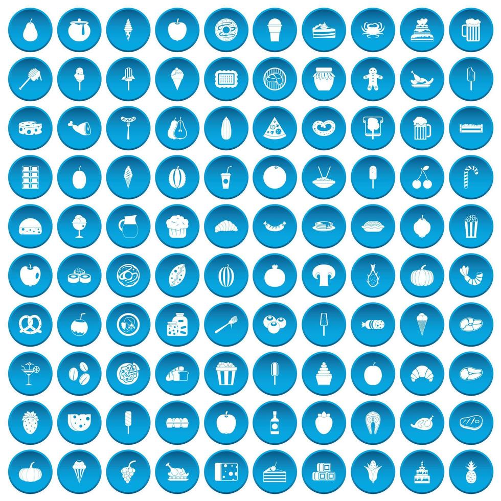 100 smakelijke voedselpictogrammen die blauw worden geplaatst vector