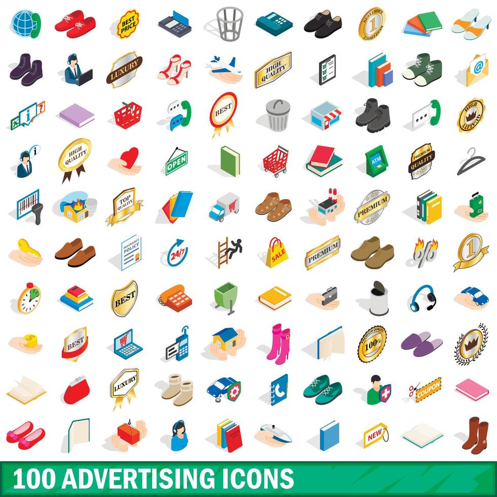 100 reclame iconen set, isometrische 3D-stijl vector