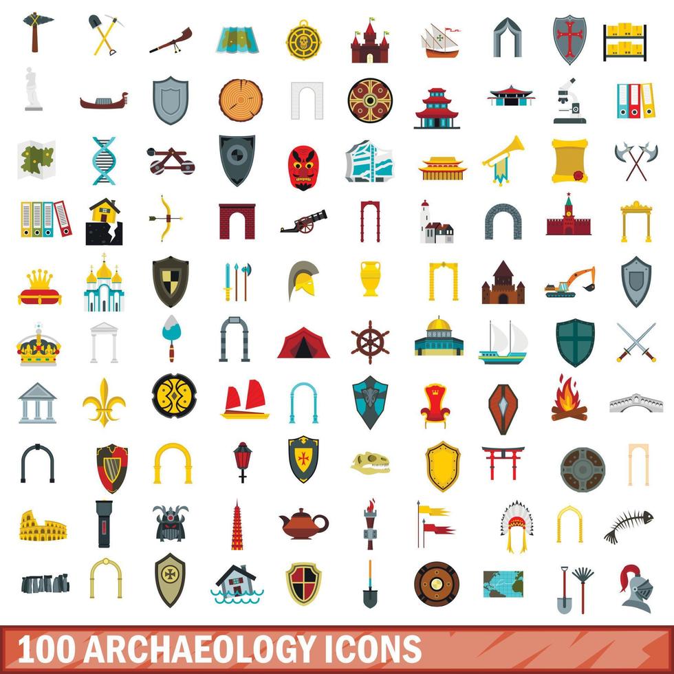 100 archeologie iconen set, vlakke stijl vector