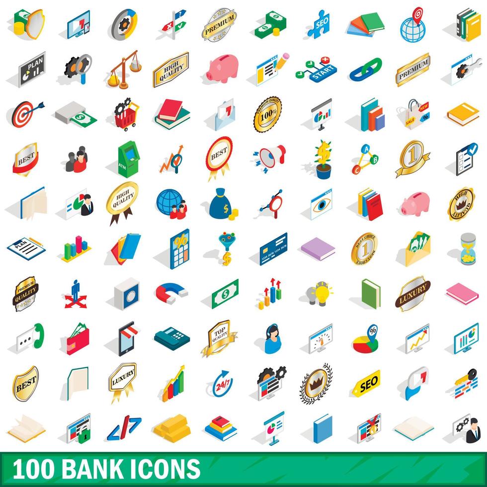 100 bank iconen set, isometrische 3D-stijl vector