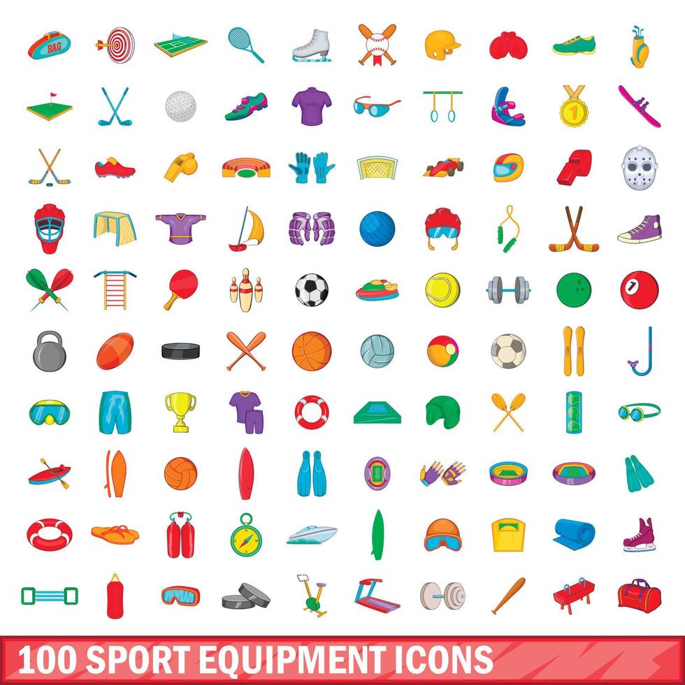 100 sportuitrusting iconen set, cartoon stijl vector