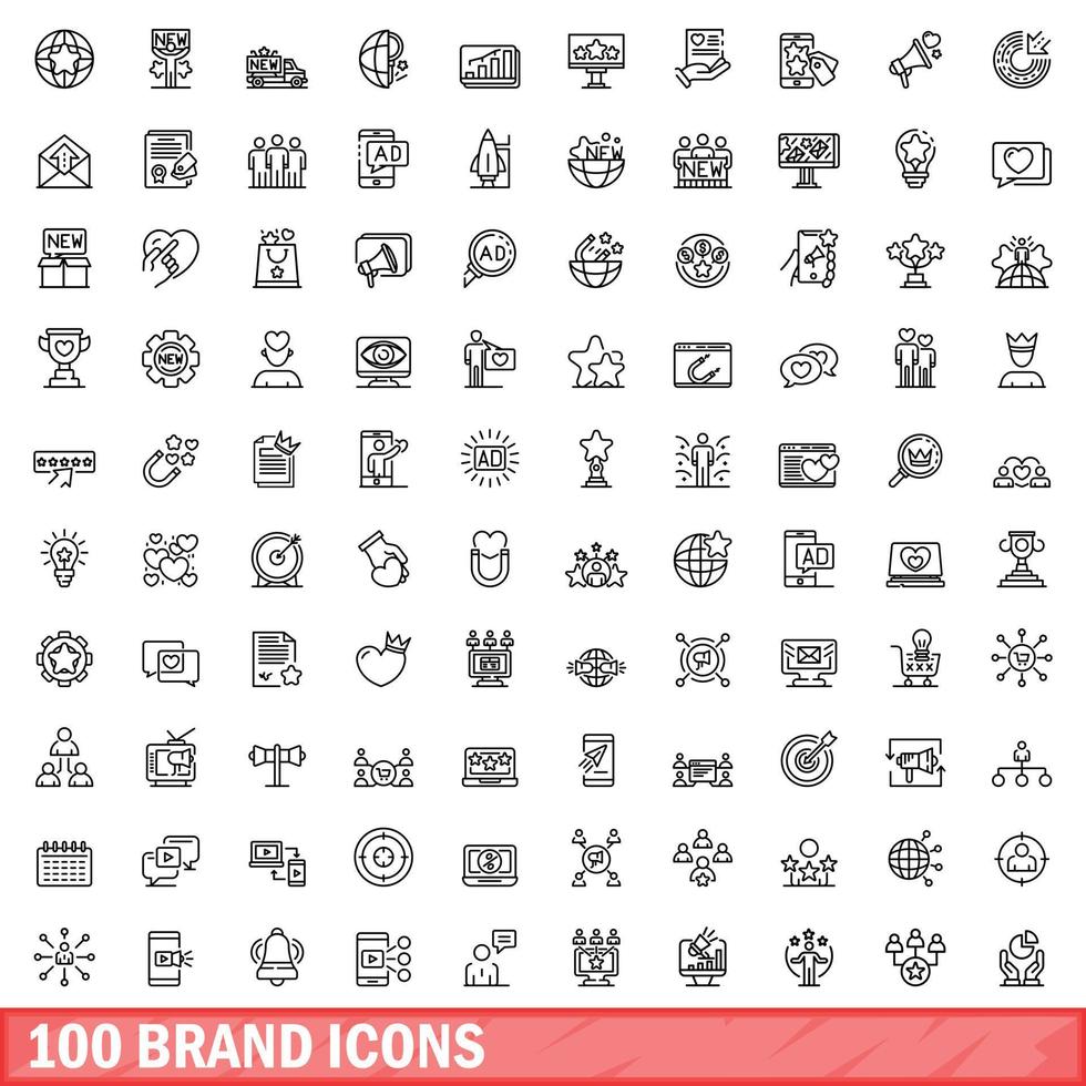 100 merk iconen set, Kaderstijl vector