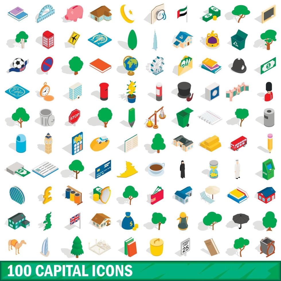 100 kapitaal iconen set, isometrische 3D-stijl vector