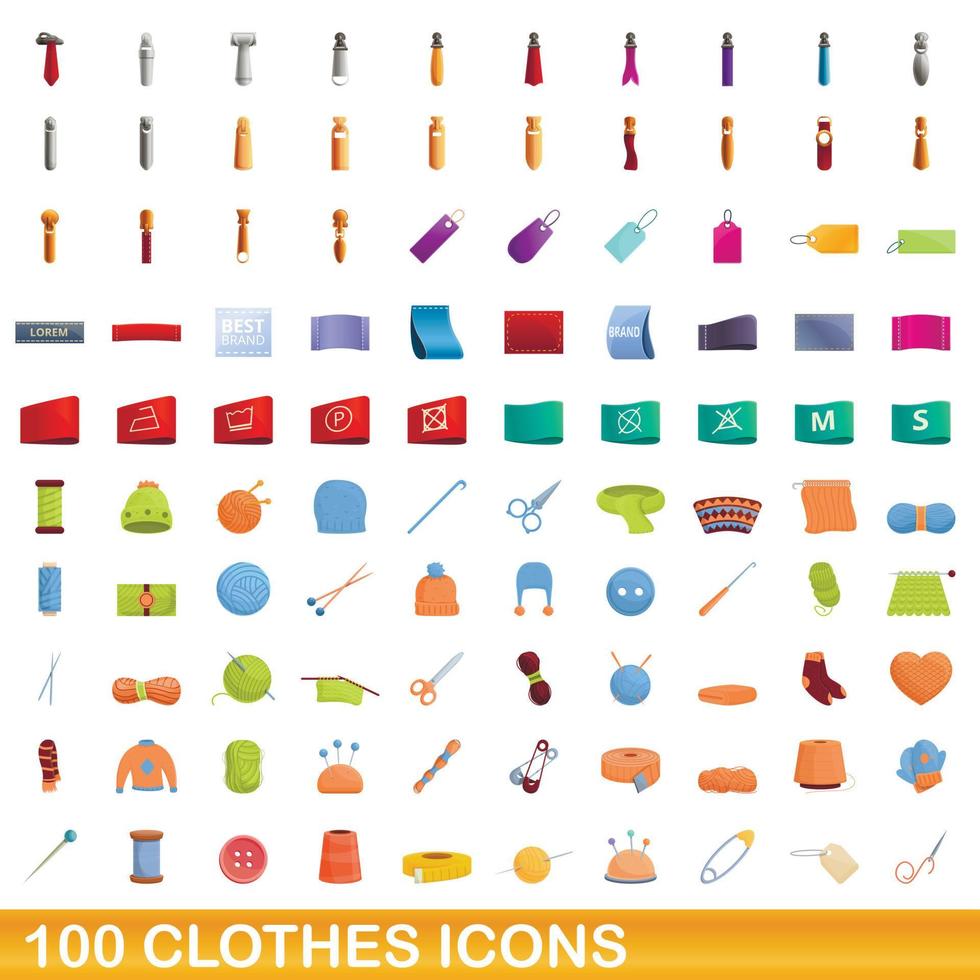 100 kleding iconen set, cartoon stijl vector