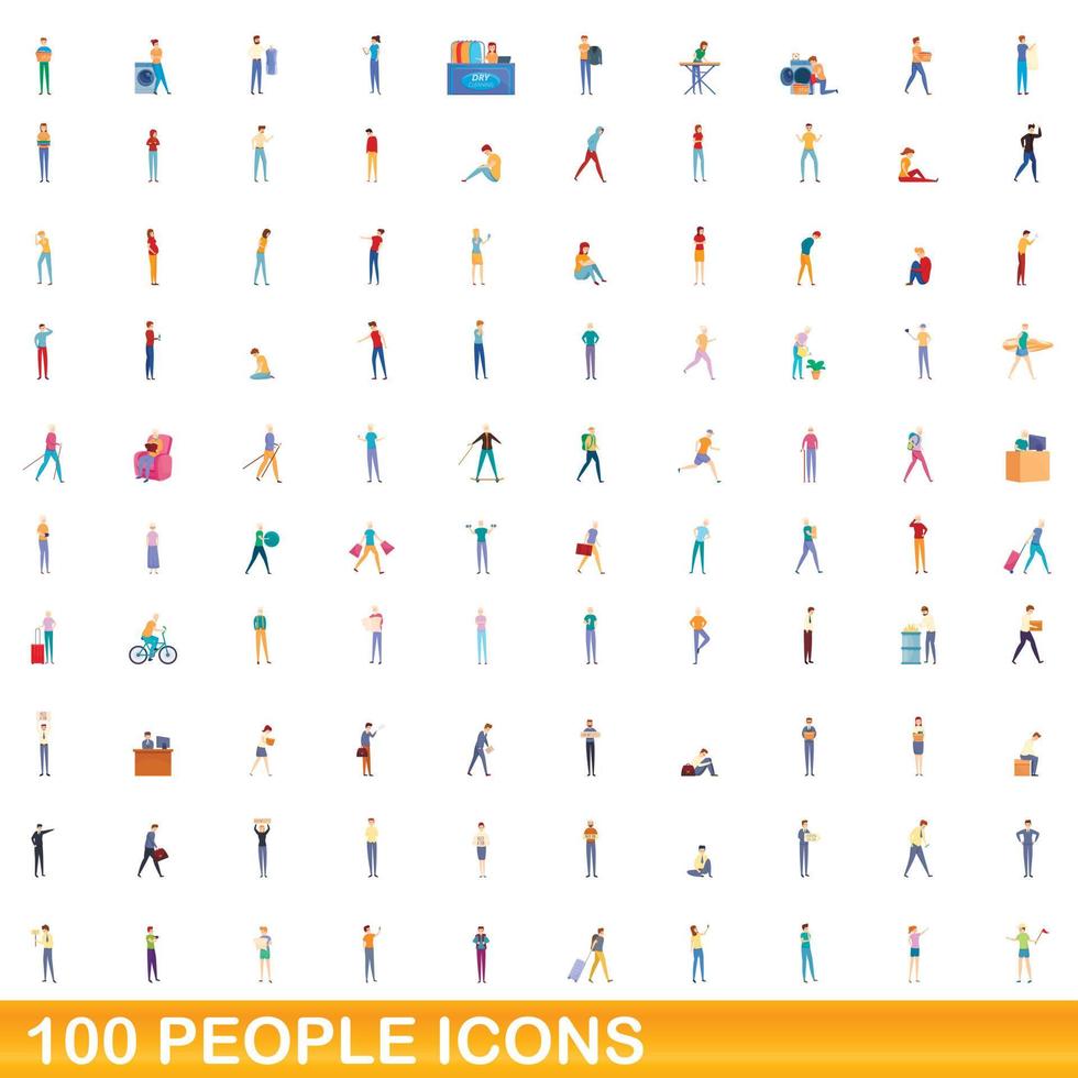 100 mensen iconen set, cartoon stijl vector