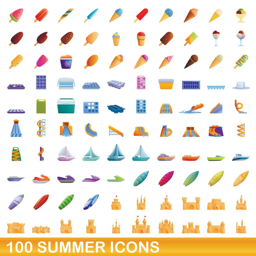 100 zomer iconen set, cartoon stijl vector