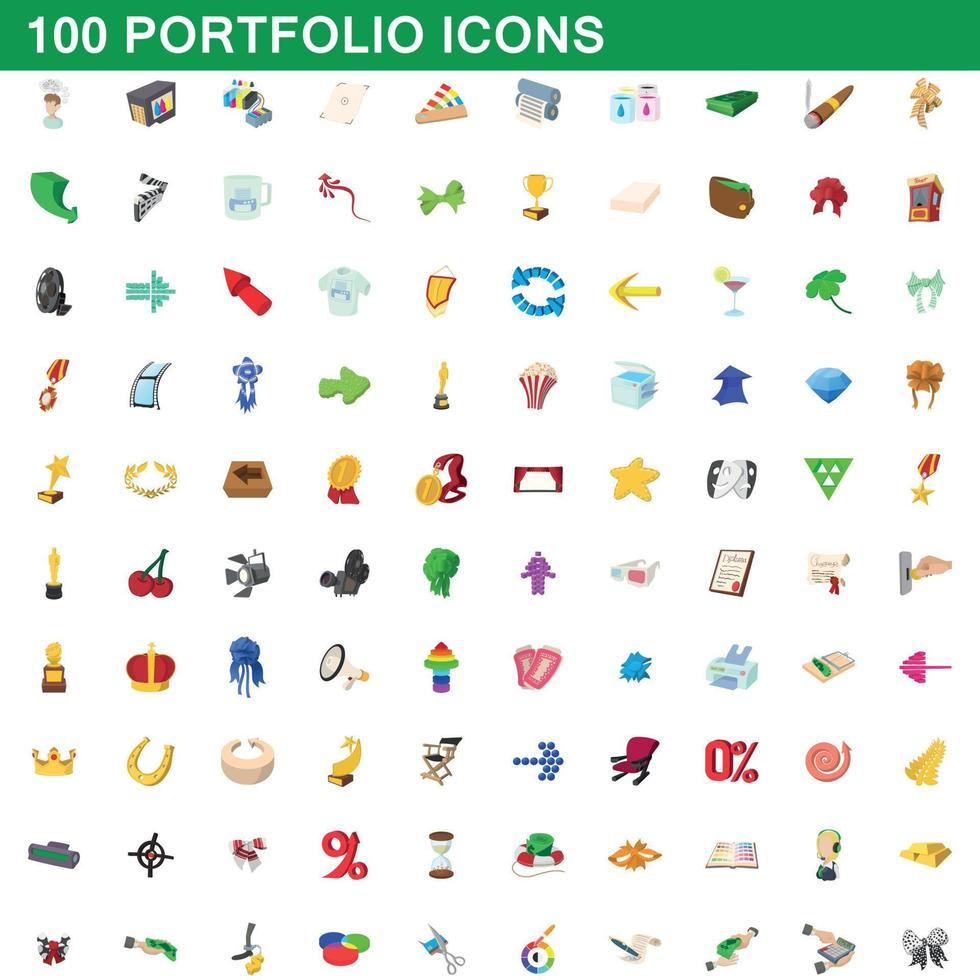 100 portefeuille iconen set, cartoon stijl vector