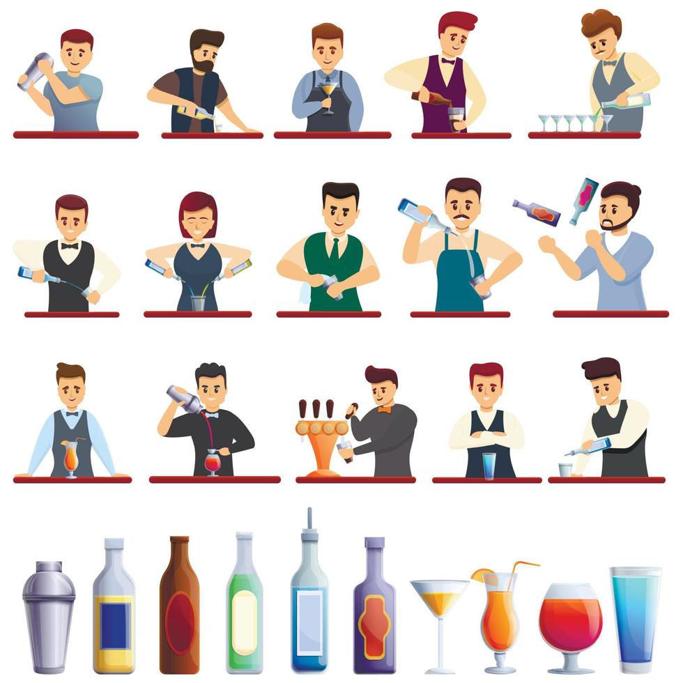 barman iconen set, cartoon stijl vector