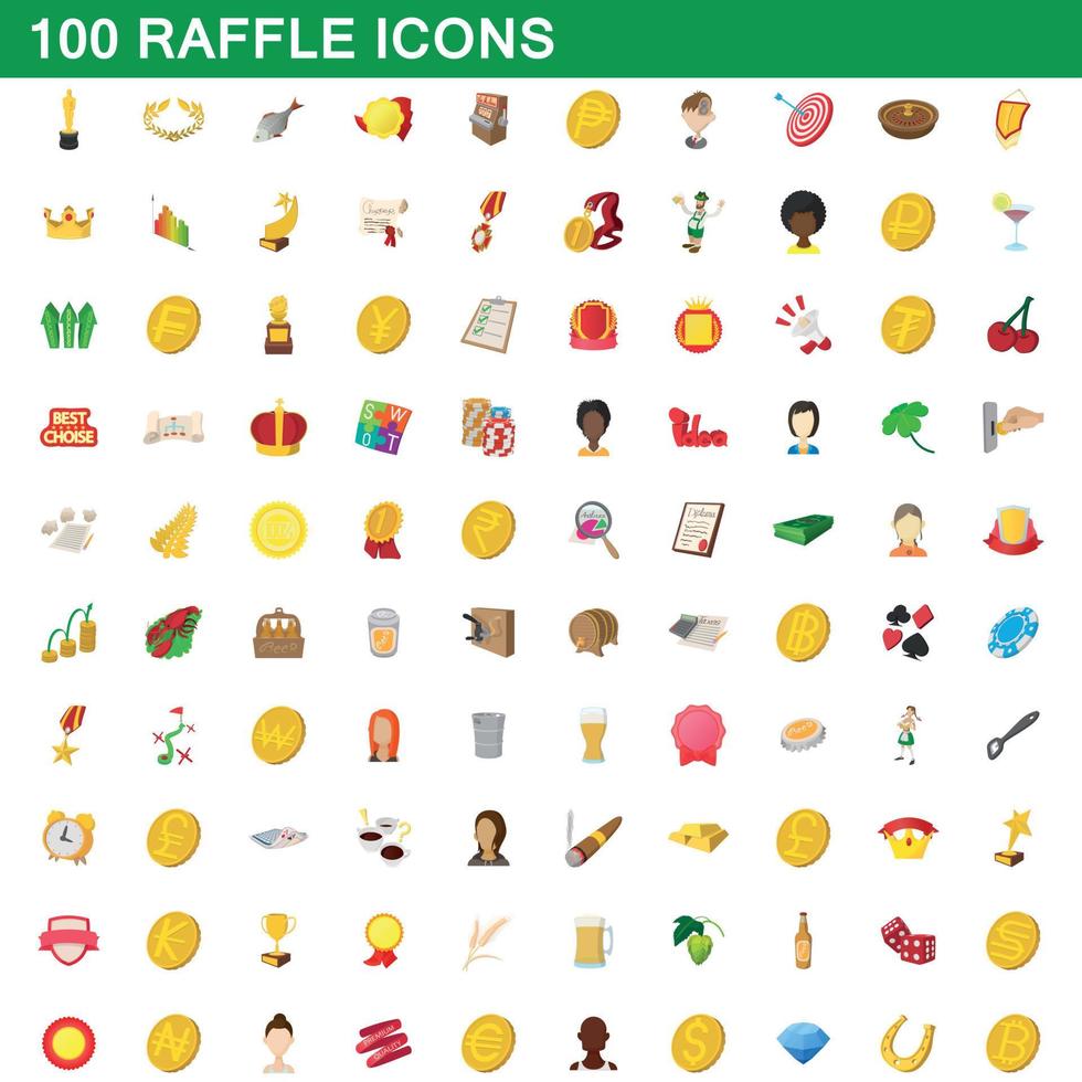 100 loterij iconen set, cartoon stijl vector